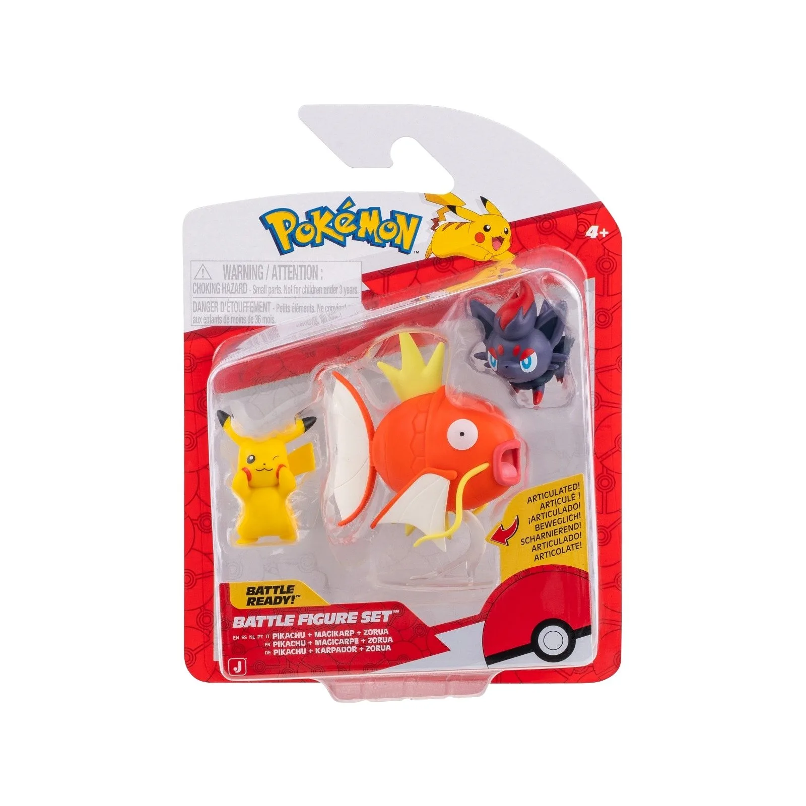 JAZWARES Battle Figure Pack : Pokemon - Pikachu, Zorua, Magikarp