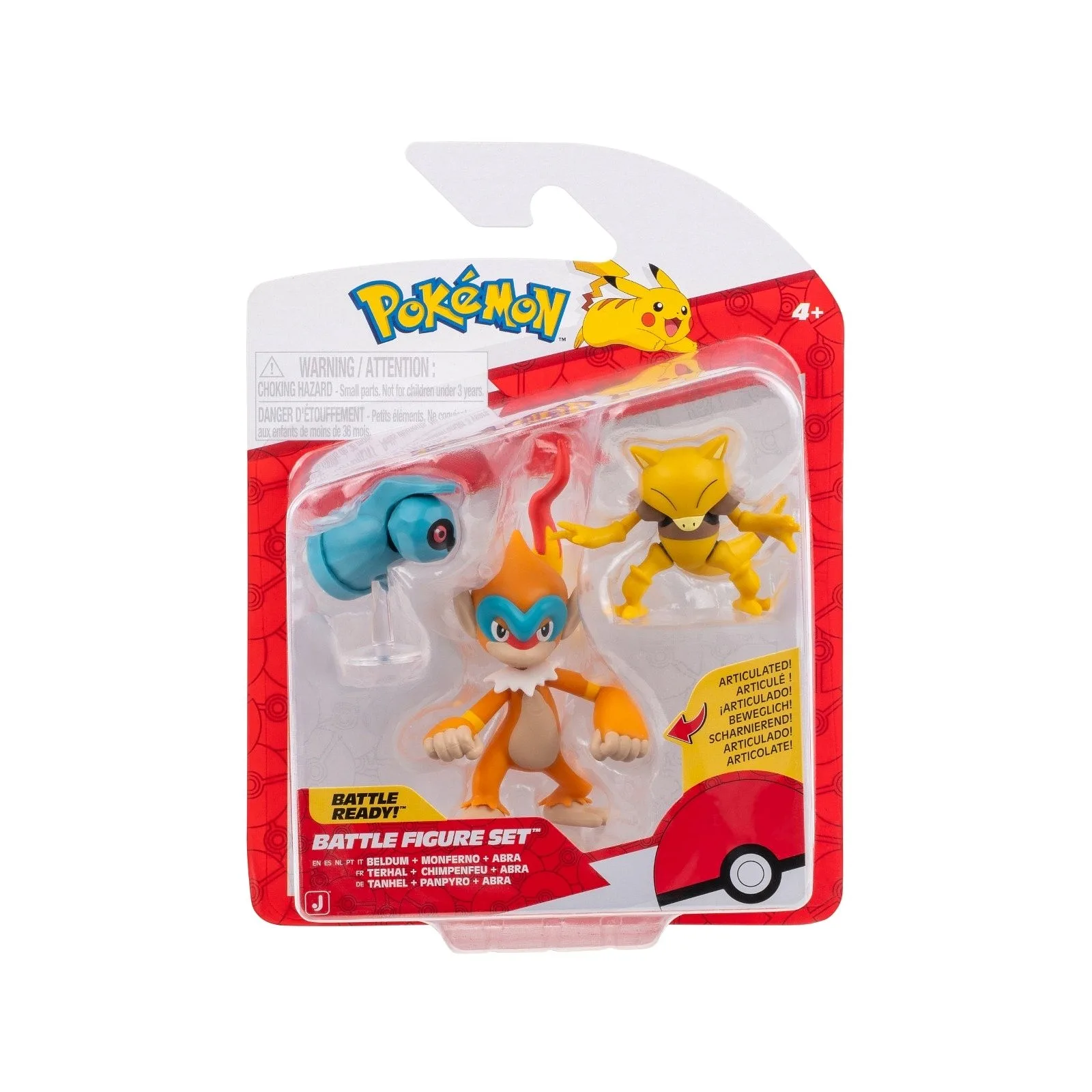 JAZWARES Battle Figure Pack : Pokemon - Beldum with Stand, Abra & Monferno