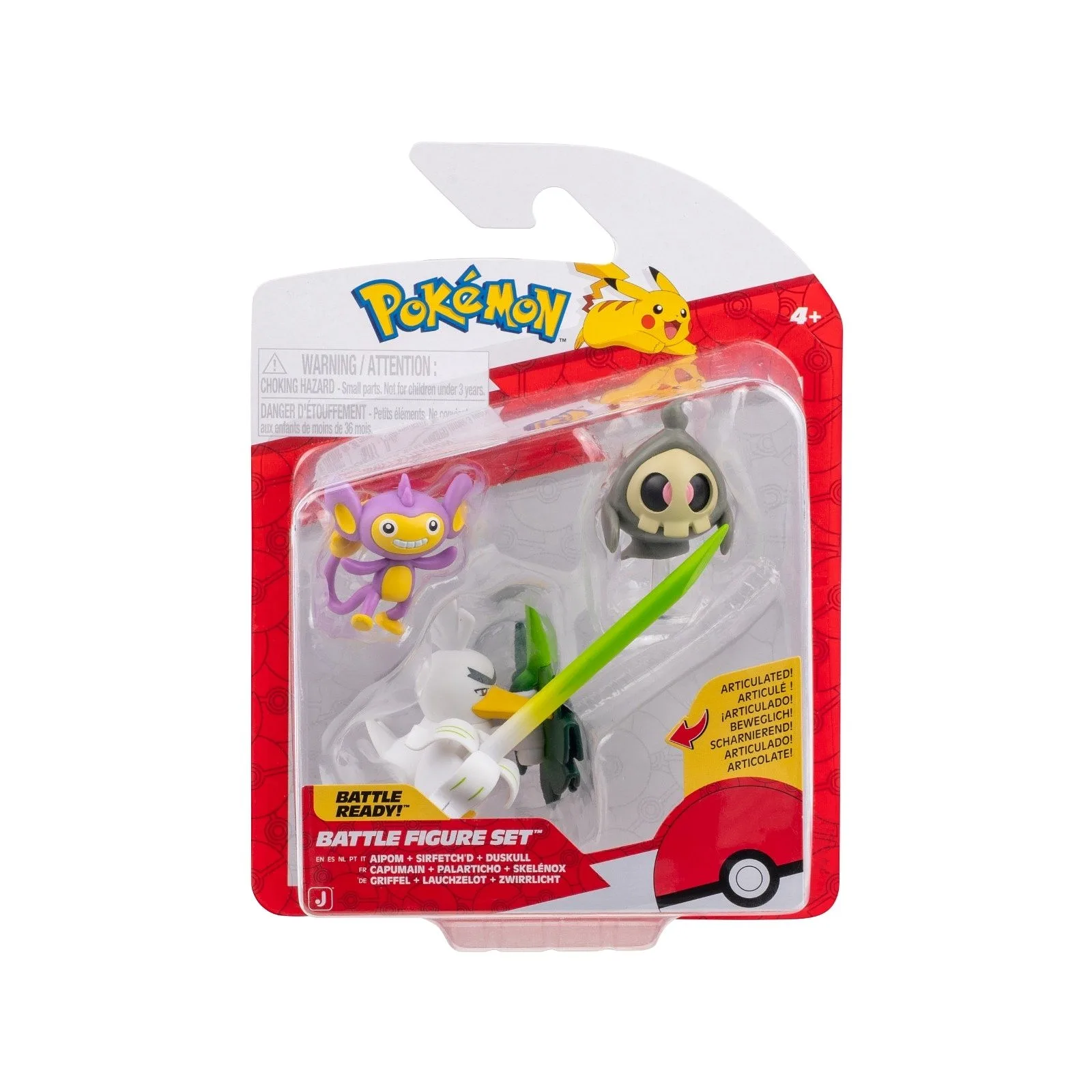 JAZWARES Battle Figure Pack : Pokemon - Duskull with Stand, Aipom, & Sirfetch'd
